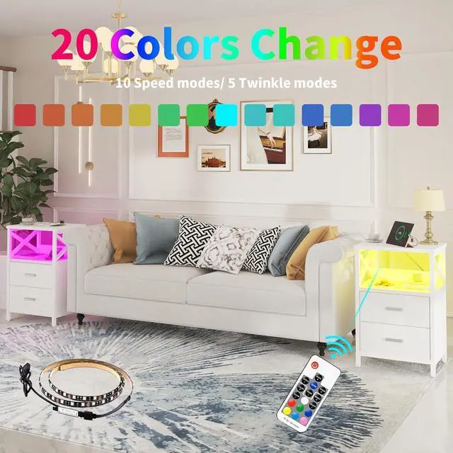 Alt view image 7 of 7 - LED Nightstand with Charging Station, Side Table with USB Ports and Outlets, End Table for Small Spaces, White Bedside Tables with Fabric-Wood 2-in-1 Drawer for Bedroom, Living Room, Office