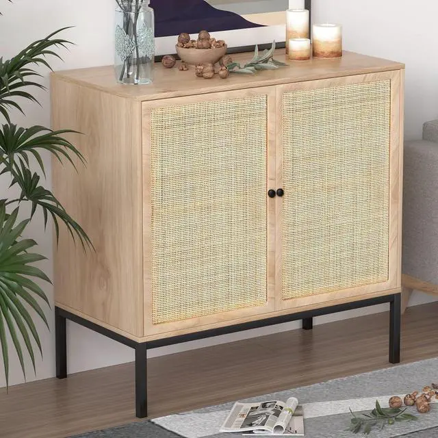 Main image of XIAO WEI Sideboard Cabinet with Natural Rattan Hand-Woven 2 Doors, Rattan Cabinet Console Table Buffet Storage Accent Cane Credenza, for Kitchen Living Room Hallway Entryway, Natural (Metal Legs)