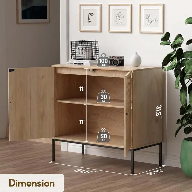 Alt view image 2 of 7 - XIAO WEI Sideboard Cabinet with Natural Rattan Hand-Woven 2 Doors, Rattan Cabinet Console Table Buffet Storage Accent Cane Credenza, for Kitchen Living Room Hallway Entryway, Natural (Metal Legs)