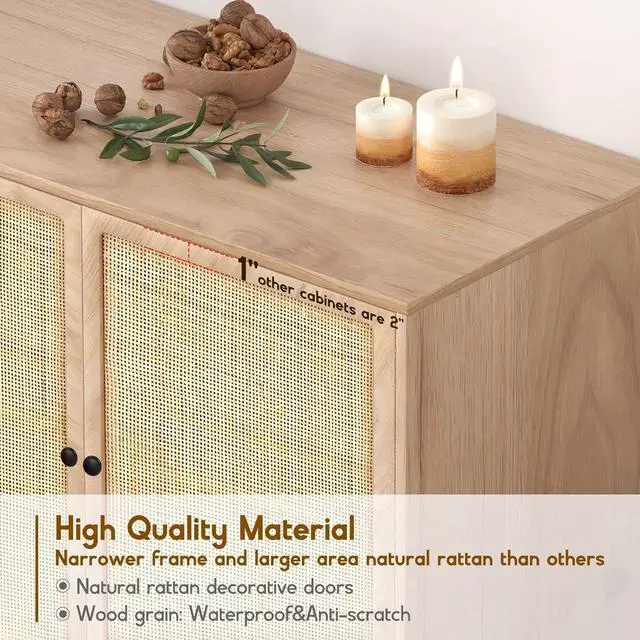 Alt view image 3 of 7 - XIAO WEI Sideboard Cabinet with Natural Rattan Hand-Woven 2 Doors, Rattan Cabinet Console Table Buffet Storage Accent Cane Credenza, for Kitchen Living Room Hallway Entryway, Natural (Metal Legs)