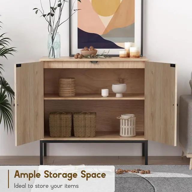 Alt view image 4 of 7 - XIAO WEI Sideboard Cabinet with Natural Rattan Hand-Woven 2 Doors, Rattan Cabinet Console Table Buffet Storage Accent Cane Credenza, for Kitchen Living Room Hallway Entryway, Natural (Metal Legs)