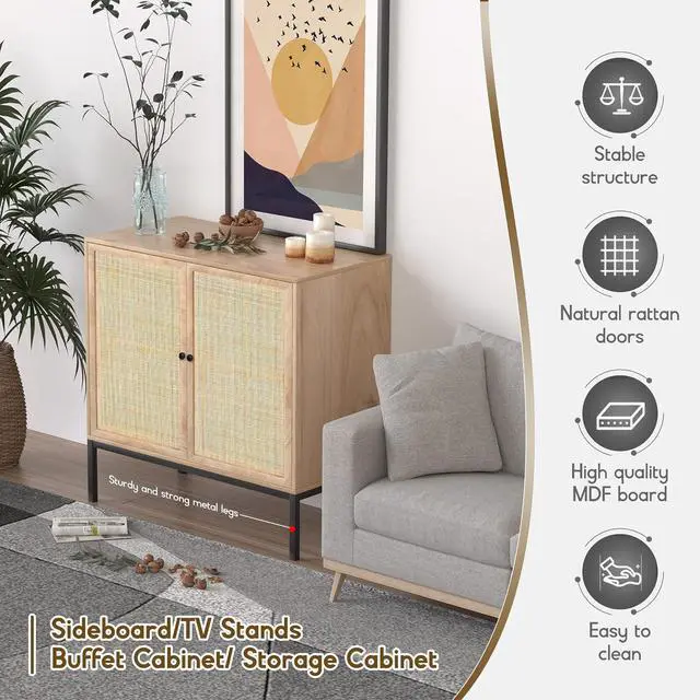 Alt view image 5 of 7 - XIAO WEI Sideboard Cabinet with Natural Rattan Hand-Woven 2 Doors, Rattan Cabinet Console Table Buffet Storage Accent Cane Credenza, for Kitchen Living Room Hallway Entryway, Natural (Metal Legs)