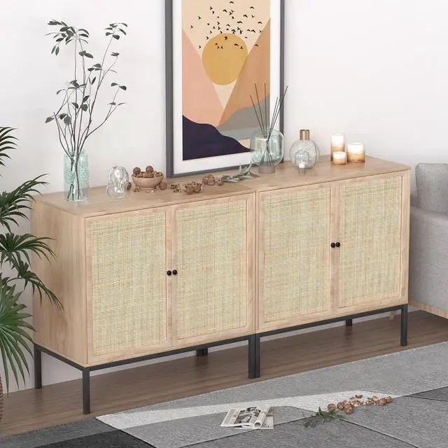Alt view image 6 of 7 - XIAO WEI Sideboard Cabinet with Natural Rattan Hand-Woven 2 Doors, Rattan Cabinet Console Table Buffet Storage Accent Cane Credenza, for Kitchen Living Room Hallway Entryway, Natural (Metal Legs)