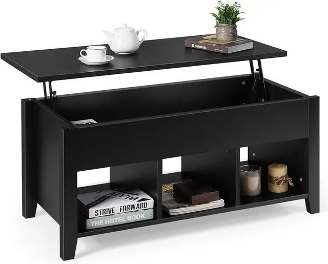 Main image of DORTALA Lift Top Storage Space Coffee Table, Multi-Functional Modern Coffee Table with Height Adjustable Top & Hidden Compartment Storage & Three Open Shelves at Bottom (Black)