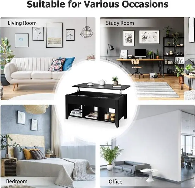 Alt view image 4 of 7 - DORTALA Lift Top Storage Space Coffee Table, Multi-Functional Modern Coffee Table with Height Adjustable Top & Hidden Compartment Storage & Three Open Shelves at Bottom (Black)
