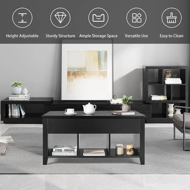 Alt view image 5 of 7 - DORTALA Lift Top Storage Space Coffee Table, Multi-Functional Modern Coffee Table with Height Adjustable Top & Hidden Compartment Storage & Three Open Shelves at Bottom (Black)