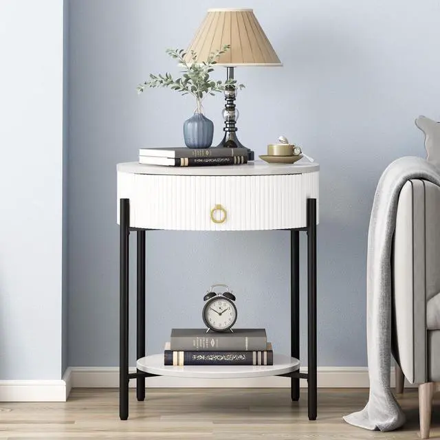 Main image of OIOG Round End Table with Drawer, Modern 2 Tier NightStand with Shelf, Small Side Table with Sintered Stone Tabletop for Living Room, Bedroom, Dorm, and Office, Marbling Natural Stone/White