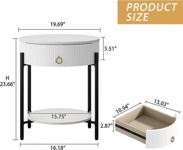 Alt view image 2 of 6 - OIOG Round End Table with Drawer, Modern 2 Tier NightStand with Shelf, Small Side Table with Sintered Stone Tabletop for Living Room, Bedroom, Dorm, and Office, Marbling Natural Stone/White