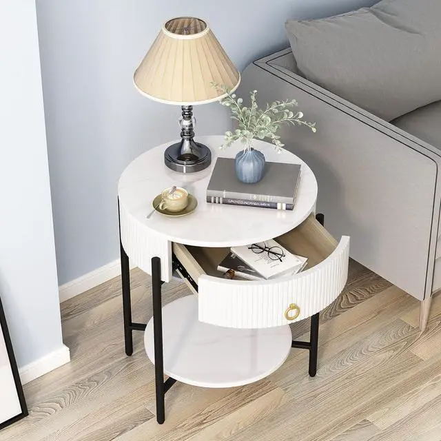 Alt view image 3 of 6 - OIOG Round End Table with Drawer, Modern 2 Tier NightStand with Shelf, Small Side Table with Sintered Stone Tabletop for Living Room, Bedroom, Dorm, and Office, Marbling Natural Stone/White