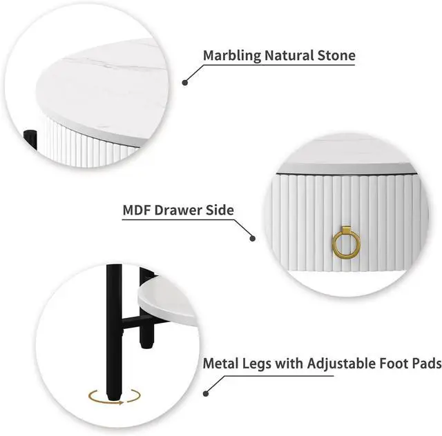 Alt view image 4 of 6 - OIOG Round End Table with Drawer, Modern 2 Tier NightStand with Shelf, Small Side Table with Sintered Stone Tabletop for Living Room, Bedroom, Dorm, and Office, Marbling Natural Stone/White