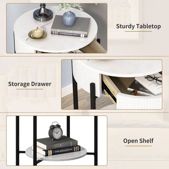 Alt view image 6 of 6 - OIOG Round End Table with Drawer, Modern 2 Tier NightStand with Shelf, Small Side Table with Sintered Stone Tabletop for Living Room, Bedroom, Dorm, and Office, Marbling Natural Stone/White