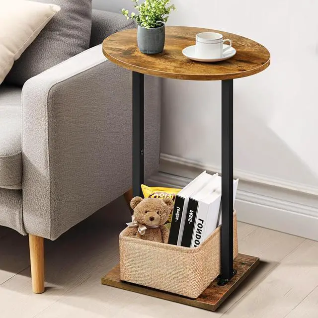 Alt view image 4 of 7 - Eufrozy Small Side Table for Small Spaces, 24 inch Wooden Round End Table with Fabric Basket, Wood Accent Table for Couch Sofa Drink Sidetable Living Room Bedroom Rustic
