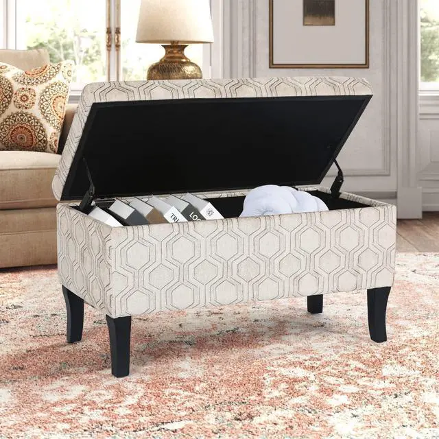 Alt view image 4 of 7 - Joveco 32 Inch Storage Ottoman Bench in Upholstered Linen Fabric, Rectangular Entryway Bench with Wooden Legs, Coffee Tables Footstool Footrest for Living Room Bedroom End of Bed (Lozenge Pattern)