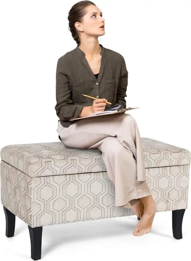 Alt view image 6 of 7 - Joveco 32 Inch Storage Ottoman Bench in Upholstered Linen Fabric, Rectangular Entryway Bench with Wooden Legs, Coffee Tables Footstool Footrest for Living Room Bedroom End of Bed (Lozenge Pattern)