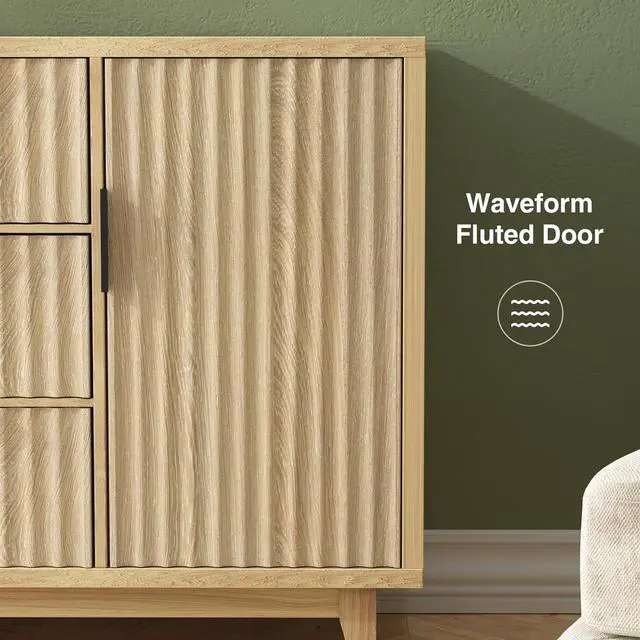 Alt view image 3 of 7 - 47.2" W Storage Cabinet with 3 Drawers, Fluted Buffet Cabinets with Storage, Large Sideboard with 2 Door, Modern Mid Century TV Stand Coffee Bar Furniture for Living Room, Kitchen, Entryway