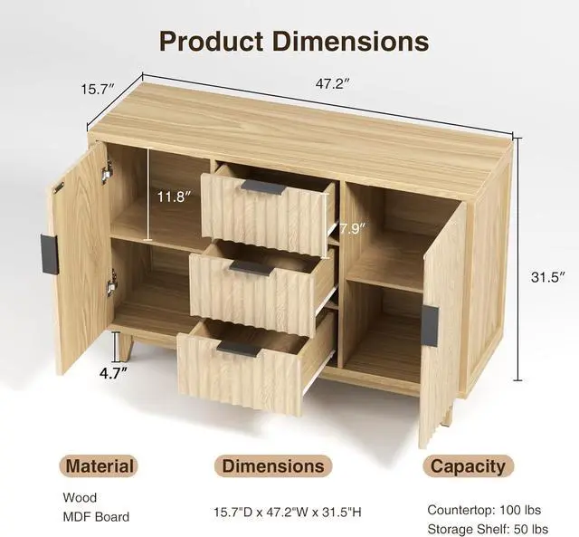 Alt view image 2 of 7 - 47.2" W Storage Cabinet with 3 Drawers, Fluted Buffet Cabinets with Storage, Large Sideboard with 2 Door, Modern Mid Century TV Stand Coffee Bar Furniture for Living Room, Kitchen, Entryway