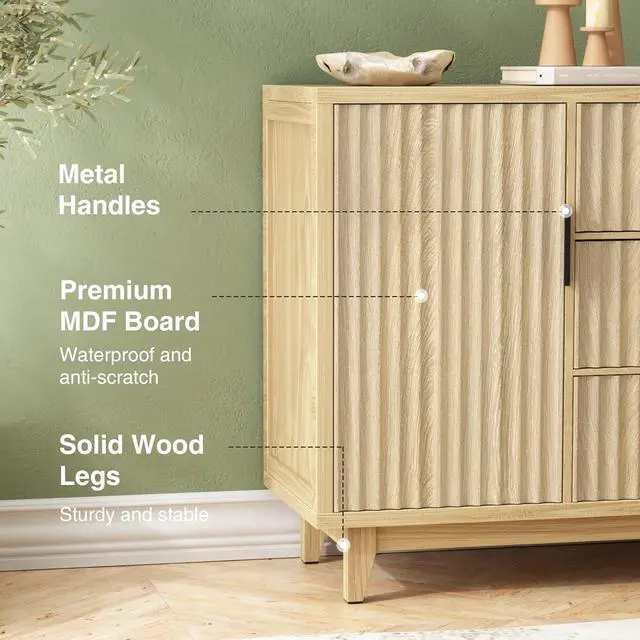 Alt view image 4 of 7 - 47.2" W Storage Cabinet with 3 Drawers, Fluted Buffet Cabinets with Storage, Large Sideboard with 2 Door, Modern Mid Century TV Stand Coffee Bar Furniture for Living Room, Kitchen, Entryway
