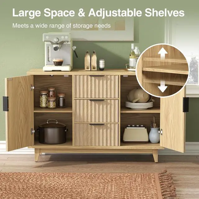 Alt view image 5 of 7 - 47.2" W Storage Cabinet with 3 Drawers, Fluted Buffet Cabinets with Storage, Large Sideboard with 2 Door, Modern Mid Century TV Stand Coffee Bar Furniture for Living Room, Kitchen, Entryway