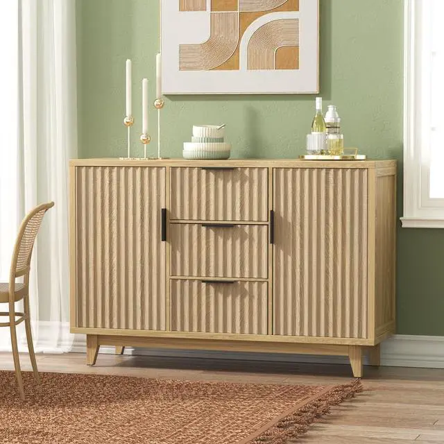 Alt view image 6 of 7 - 47.2" W Storage Cabinet with 3 Drawers, Fluted Buffet Cabinets with Storage, Large Sideboard with 2 Door, Modern Mid Century TV Stand Coffee Bar Furniture for Living Room, Kitchen, Entryway