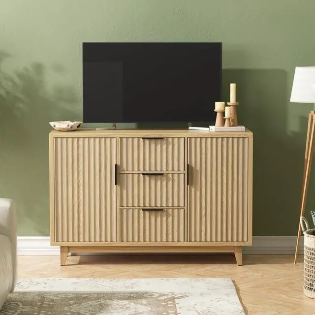 Alt view image 7 of 7 - 47.2" W Storage Cabinet with 3 Drawers, Fluted Buffet Cabinets with Storage, Large Sideboard with 2 Door, Modern Mid Century TV Stand Coffee Bar Furniture for Living Room, Kitchen, Entryway