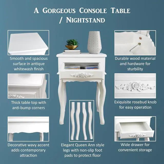 Alt view image 4 of 7 - Westcharm Small White Vintage Nightstand | Queen Anne End Table | Wood Antique Shabby Chic Side Table | Small Wooden Victorian Bedside Table | Accent Table for Kids Room