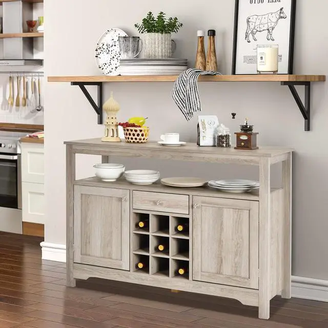 Alt view image 2 of 7 - COSTWAY Buffet Cabinet Storage Sideboard, Server Console Table, Kitchen Cupboard Table with 2 Cabinets, Wine Rack & Open Shelf, 46 x 16 x 31.5 inches, Coffee Bar Cabinet for Entryway, Living Room