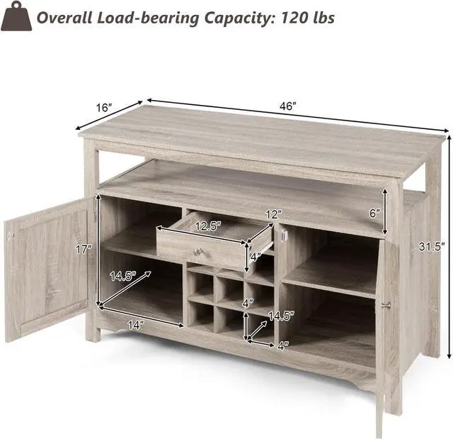 Alt view image 3 of 7 - COSTWAY Buffet Cabinet Storage Sideboard, Server Console Table, Kitchen Cupboard Table with 2 Cabinets, Wine Rack & Open Shelf, 46 x 16 x 31.5 inches, Coffee Bar Cabinet for Entryway, Living Room