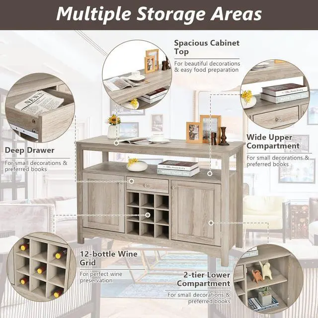 Alt view image 6 of 7 - COSTWAY Buffet Cabinet Storage Sideboard, Server Console Table, Kitchen Cupboard Table with 2 Cabinets, Wine Rack & Open Shelf, 46 x 16 x 31.5 inches, Coffee Bar Cabinet for Entryway, Living Room