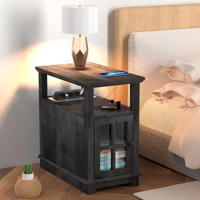 Alt view image 2 of 6 - End Table, End Tables Living Room, Storage End Tables, Side Table with Charging Station, Charging Nightstand for Bedroom/Living Room/Office