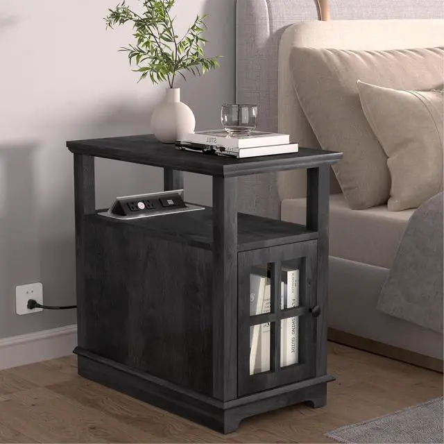 Alt view image 6 of 6 - End Table, End Tables Living Room, Storage End Tables, Side Table with Charging Station, Charging Nightstand for Bedroom/Living Room/Office