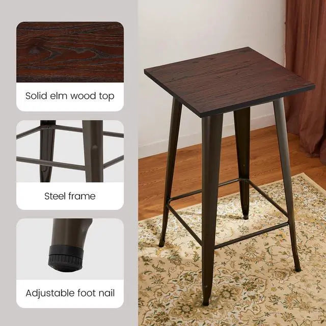 Alt view image 4 of 7 - Glitzhome 41.25" H Modern Style Square High Heavy-Duty Metal Bar Table with Wooden Top Sturdy Frame Bistro Pub Table