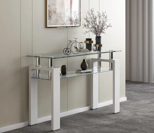 Main image of 47 Inch Rectangle Console Table,Tempered Glass Sofa Table Modern Entryway Table with Smooth White Wooden Legs for Living Room, Simple Narrow Table Hall Table for Hallway