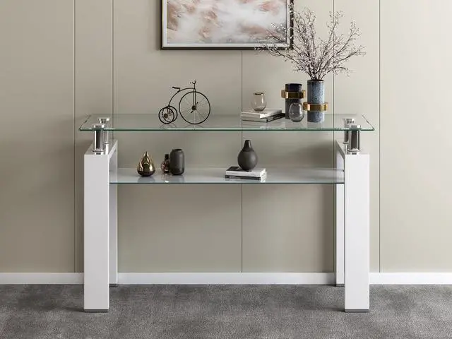 Alt view image 3 of 7 - 47 Inch Rectangle Console Table,Tempered Glass Sofa Table Modern Entryway Table with Smooth White Wooden Legs for Living Room, Simple Narrow Table Hall Table for Hallway