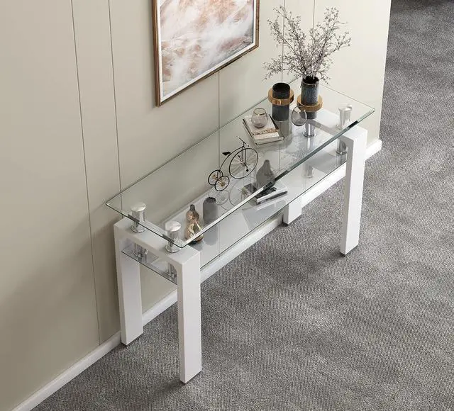 Alt view image 4 of 7 - 47 Inch Rectangle Console Table,Tempered Glass Sofa Table Modern Entryway Table with Smooth White Wooden Legs for Living Room, Simple Narrow Table Hall Table for Hallway