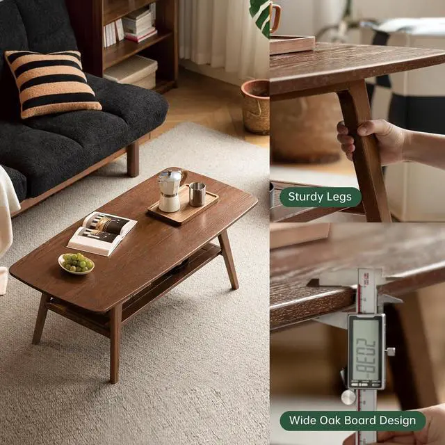 Alt view image 3 of 7 - 100% Solid Oak Wood Coffee Table for Living Room, Coffee Table with Shelf Storage, Mid Century Modern Coffee Table with Rounded Corners (Walnut, 47.24" W x 22.05" D x 17.32" H)