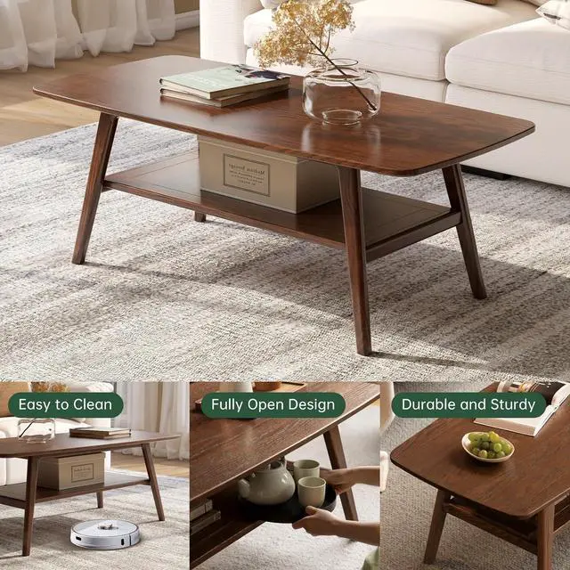 Alt view image 5 of 7 - 100% Solid Oak Wood Coffee Table for Living Room, Coffee Table with Shelf Storage, Mid Century Modern Coffee Table with Rounded Corners (Walnut, 47.24" W x 22.05" D x 17.32" H)