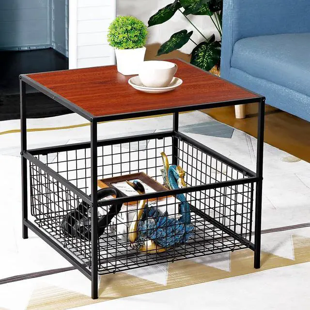 Alt view image 2 of 7 - Side Tables Set of 2, End Table w/Wire Storage Basket, Small Fridge Stands Coffee Tables Nightstands for Living Room Bedroom