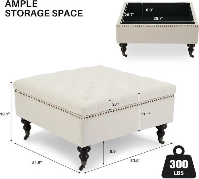 Alt view image 2 of 6 - Large Square Storage Ottoman Uphlostered Tufted Button Coffee Table, Oversized Footrest Bench with Castered Rolling Wheels for Living Room, Beige Linen Waterproof