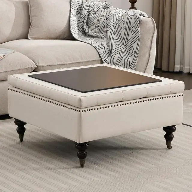 Main image of Large Square Storage Ottoman Uphlostered Tufted Button Coffee Table, Oversized Footrest Bench with Castered Rolling Wheels for Living Room, Beige Linen Waterproof
