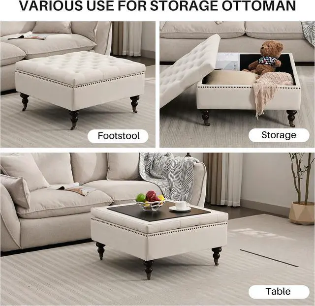 Alt view image 3 of 6 - Large Square Storage Ottoman Uphlostered Tufted Button Coffee Table, Oversized Footrest Bench with Castered Rolling Wheels for Living Room, Beige Linen Waterproof