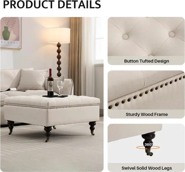Alt view image 5 of 6 - Large Square Storage Ottoman Uphlostered Tufted Button Coffee Table, Oversized Footrest Bench with Castered Rolling Wheels for Living Room, Beige Linen Waterproof