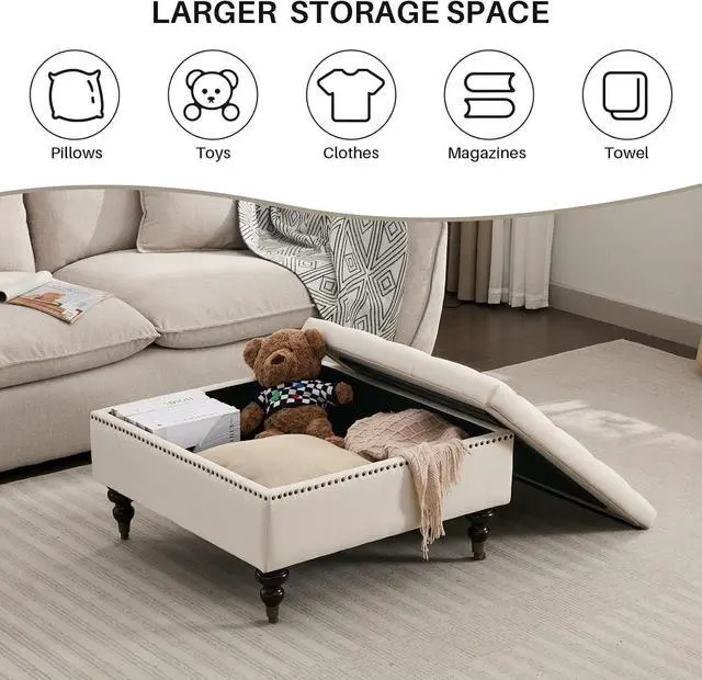 Alt view image 6 of 6 - Large Square Storage Ottoman Uphlostered Tufted Button Coffee Table, Oversized Footrest Bench with Castered Rolling Wheels for Living Room, Beige Linen Waterproof