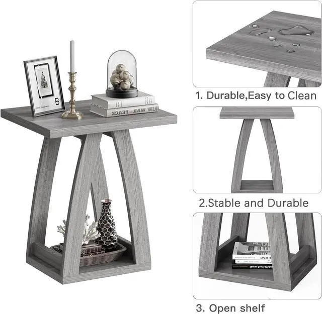 Alt view image 6 of 7 - End Tables Living Room, Side Table Beside Sofa, Nightstand for Bedroom, Couch Side Table with Shelf, Modern End Table for Living Room, Grey End Table Set of 2