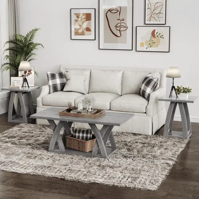 Alt view image 7 of 7 - End Tables Living Room, Side Table Beside Sofa, Nightstand for Bedroom, Couch Side Table with Shelf, Modern End Table for Living Room, Grey End Table Set of 2