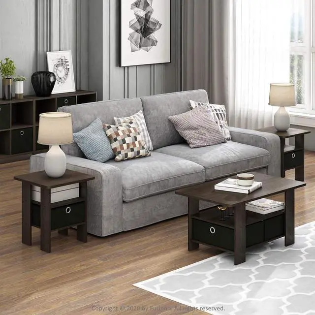 Alt view image 2 of 5 - Furinno Andrey Set of 2 End Table / Side Table / Night Stand / Bedside Table with Bin Drawer, Dark Brown/Black