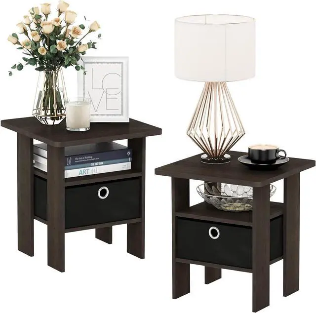 Alt view image 4 of 5 - Furinno Andrey Set of 2 End Table / Side Table / Night Stand / Bedside Table with Bin Drawer, Dark Brown/Black