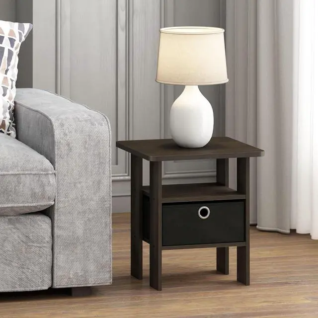Alt view image 5 of 5 - Furinno Andrey Set of 2 End Table / Side Table / Night Stand / Bedside Table with Bin Drawer, Dark Brown/Black