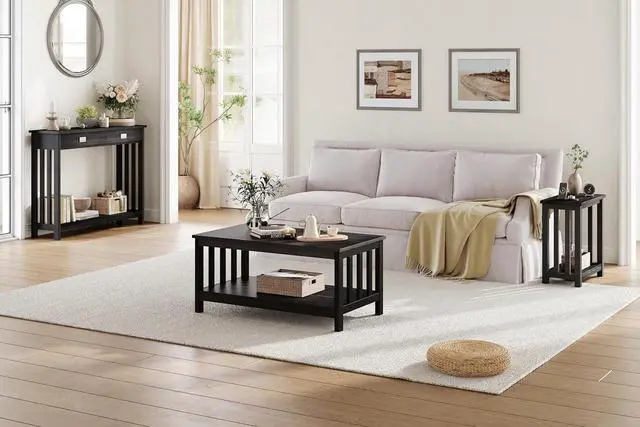 Alt view image 3 of 7 - ChooChoo Mission Coffee Table, Black Wood Living Room Table with Shelf, 40 Black