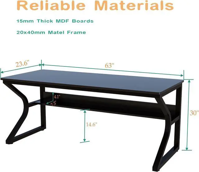 Alt view image 2 of 7 - Extra Long Desk with Bookshelf - 63" Double Long Writing Table for 2-Person Workstation, Modern Study Work Computer Desk for Home and Office, Black