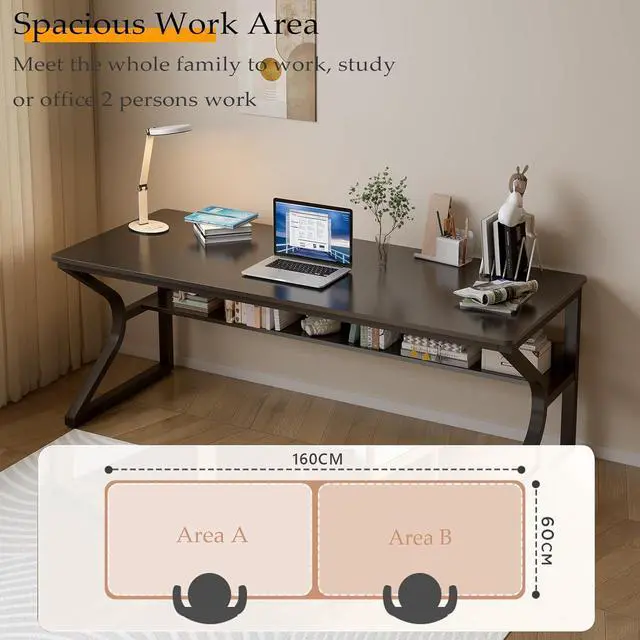 Alt view image 3 of 7 - Extra Long Desk with Bookshelf - 63" Double Long Writing Table for 2-Person Workstation, Modern Study Work Computer Desk for Home and Office, Black